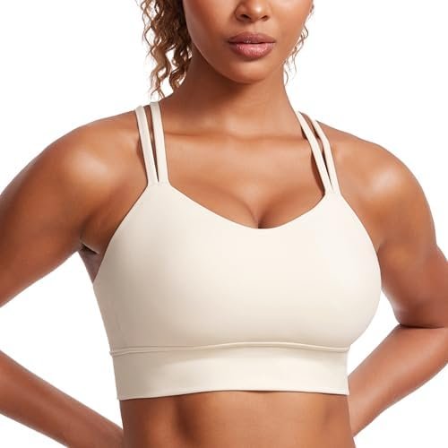 Womens Strappy Longline Sports Bra - Molded Cup Double Spaghetti Strap Workout Bra Yoga Crop Tank Top