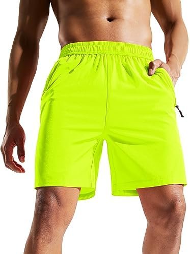 Men's Quick Dry Running Shorts with Zipper Pocket, Elastic Waist Athletic Workout Exercise Fitness Shorts, 7 Inch